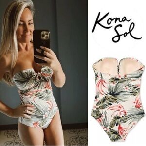 Kona Sol Palm Trees Tropical Leafy Print One Piece Swimsuit Size M Highcoverage